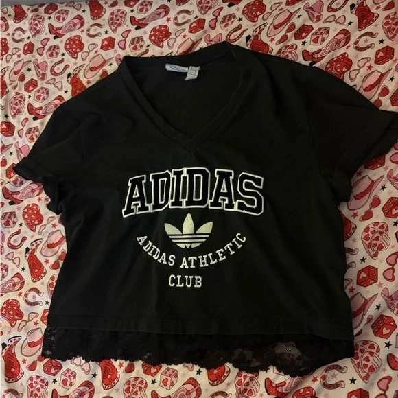 adidas Originals Size Medium Cropped Lace Trim T-Shirt Black White Crop V-Neck - Picture 5 of 8